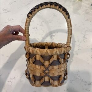 Vintage Split Oak Basket 2 Tone Braided Handle Twisted Woven Pattern Signed Date